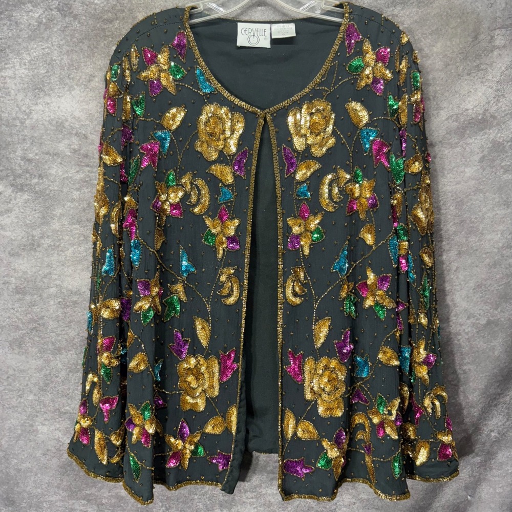 Vintage Cervelle 100% Silk Beaded Sequin Floral Evening Jacket Sz 1X Black Gold